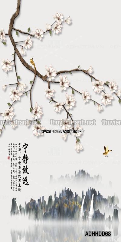  Hoa khổ đứng, hoa đào, hoa mộc lan trang trí (Phong cách Chinoiserier) - Kết quả tìm kiếm tranh tường