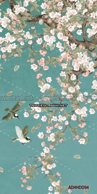  Hoa khổ đứng, hoa đào, hoa mộc lan trang trí (Phong cách Chinoiserier) - Tranh tường chất lượng cao