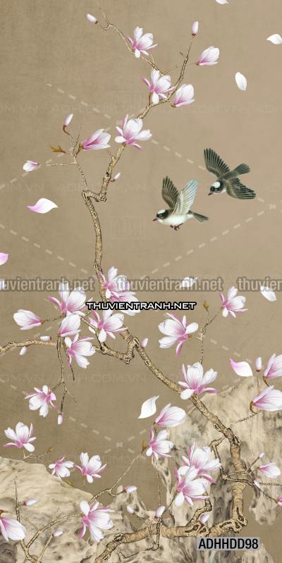  Hoa khổ đứng, hoa đào, hoa mộc lan trang trí (Phong cách Chinoiserier) - Tranh tường chất lượng cao