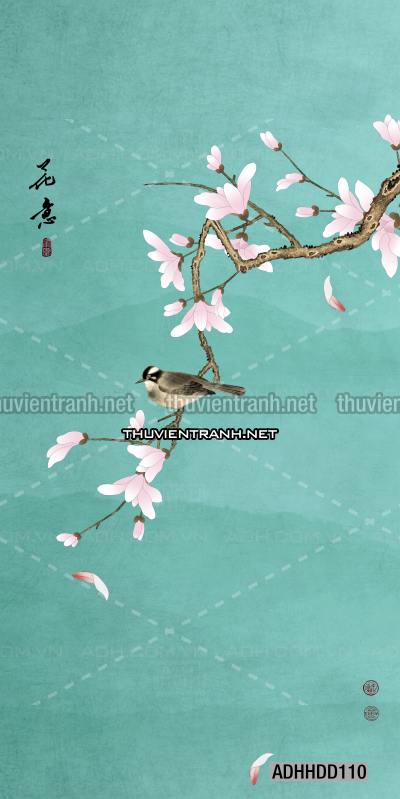  Hoa khổ đứng, hoa đào, hoa mộc lan trang trí (Phong cách Chinoiserier) - Tranh tường chất lượng cao