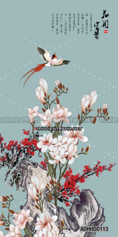  Hoa khổ đứng, hoa đào, hoa mộc lan trang trí (Phong cách Chinoiserier) - Tranh tường chất lượng cao