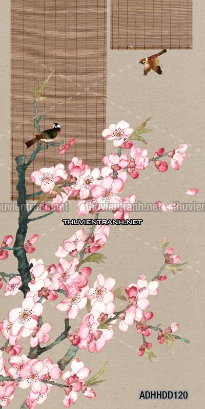  Hoa khổ đứng, hoa đào, hoa mộc lan trang trí (Phong cách Chinoiserier) - Tranh tường chất lượng cao