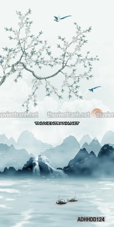  Hoa khổ đứng, hoa đào, hoa mộc lan trang trí (Phong cách Chinoiserier) - Tranh tường chất lượng cao