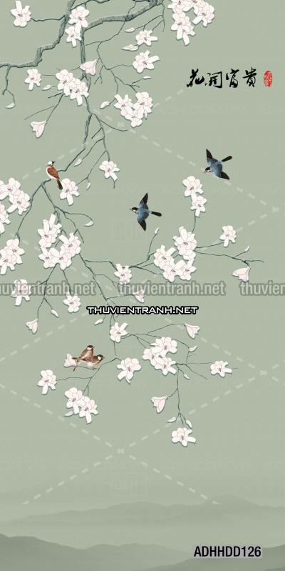  Hoa khổ đứng, hoa đào, hoa mộc lan trang trí (Phong cách Chinoiserier) - Tranh tường chất lượng cao