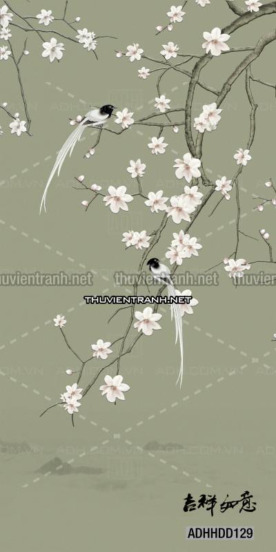  Hoa khổ đứng, hoa đào, hoa mộc lan trang trí (Phong cách Chinoiserier) - Tranh tường chất lượng cao