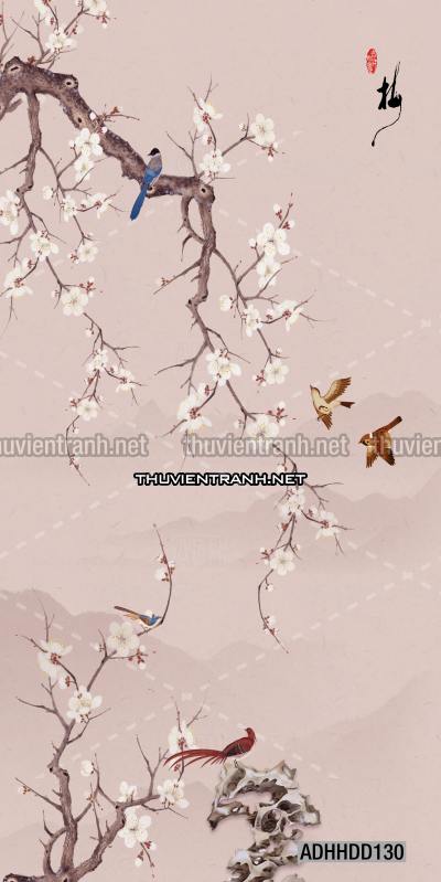  Hoa khổ đứng, hoa đào, hoa mộc lan trang trí (Phong cách Chinoiserier) - Tranh tường chất lượng cao