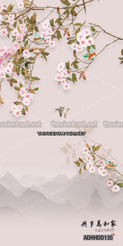  Hoa khổ đứng, hoa đào, hoa mộc lan trang trí (Phong cách Chinoiserier) - Tranh tường chất lượng cao