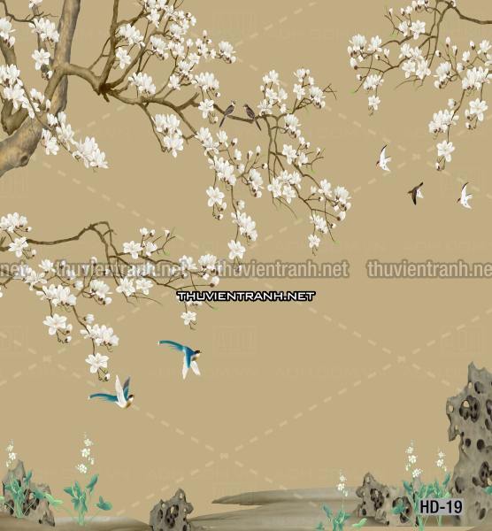 Hoa Đào, Hoa Mộc Lan, phong cách trang trí Chinoiserier, Tranh vẽ hoa Trung Quốc - Tranh tường chất lượng cao