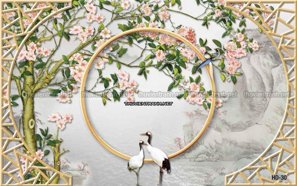 Hoa Đào, Hoa Mộc Lan, phong cách trang trí Chinoiserier, Tranh vẽ hoa Trung Quốc - Tranh tường chất lượng cao