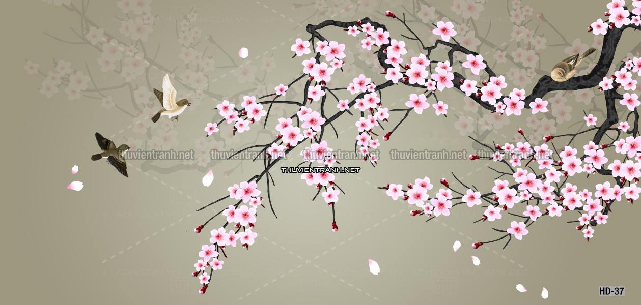 Hoa Đào, Hoa Mộc Lan, phong cách trang trí Chinoiserier, Tranh vẽ hoa Trung Quốc - Tranh tường chất lượng cao