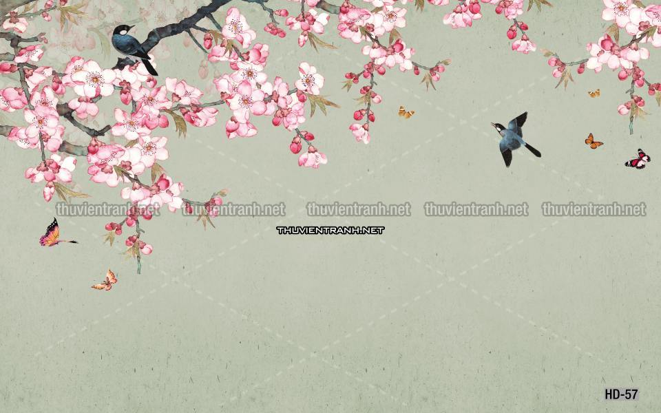 Hoa Đào, Hoa Mộc Lan, phong cách trang trí Chinoiserier, Tranh vẽ hoa Trung Quốc - Tranh tường chất lượng cao