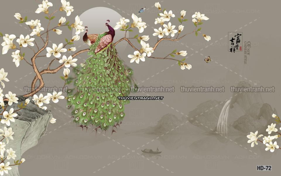 Hoa Đào, Hoa Mộc Lan, phong cách trang trí Chinoiserier, Tranh vẽ hoa Trung Quốc - Tranh tường chất lượng cao