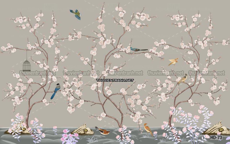 Hoa Đào, Hoa Mộc Lan, phong cách trang trí Chinoiserier, Tranh vẽ hoa Trung Quốc - Tranh tường chất lượng cao