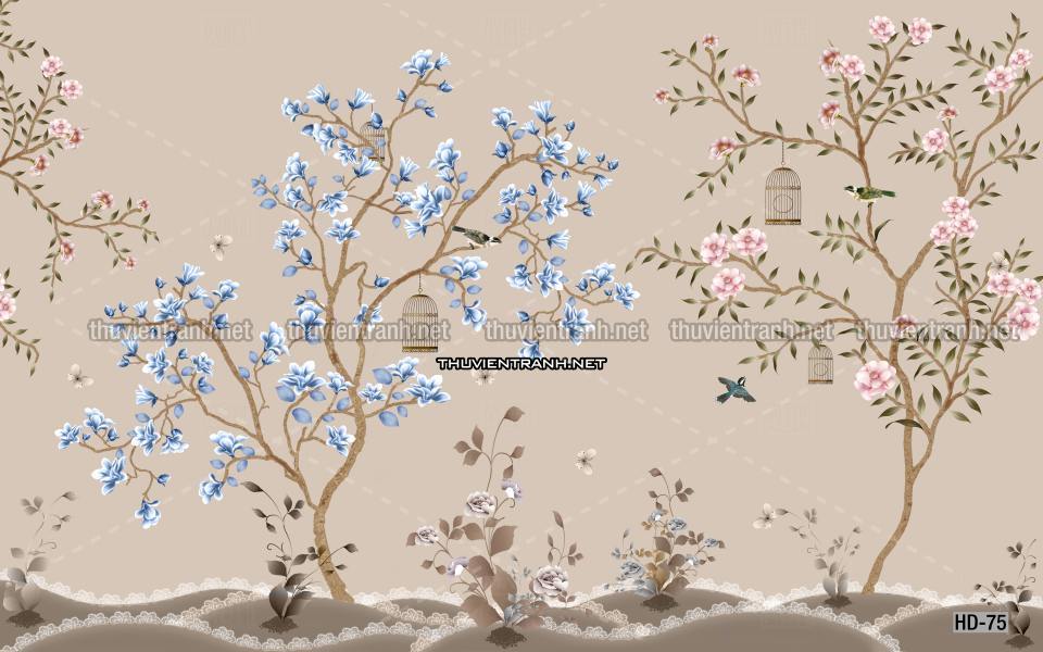 Hoa Đào, Hoa Mộc Lan, phong cách trang trí Chinoiserier, Tranh vẽ hoa Trung Quốc - Tranh tường chất lượng cao