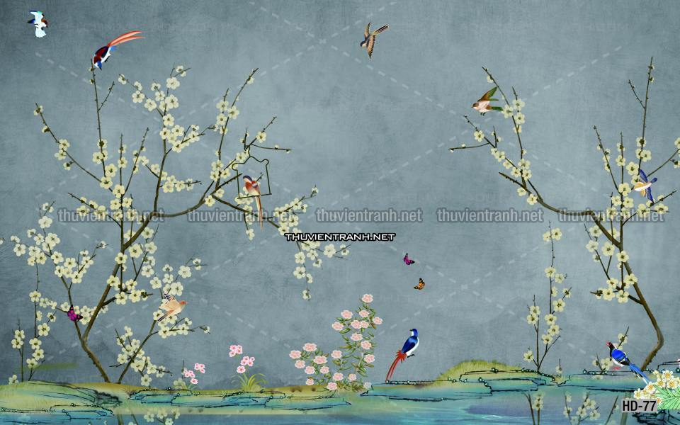 Hoa Đào, Hoa Mộc Lan, phong cách trang trí Chinoiserier, Tranh vẽ hoa Trung Quốc - Tranh tường chất lượng cao