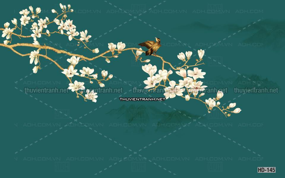 Hoa Đào, Hoa Mộc Lan, phong cách trang trí Chinoiserier, Tranh vẽ hoa Trung Quốc - Tranh tường chất lượng cao
