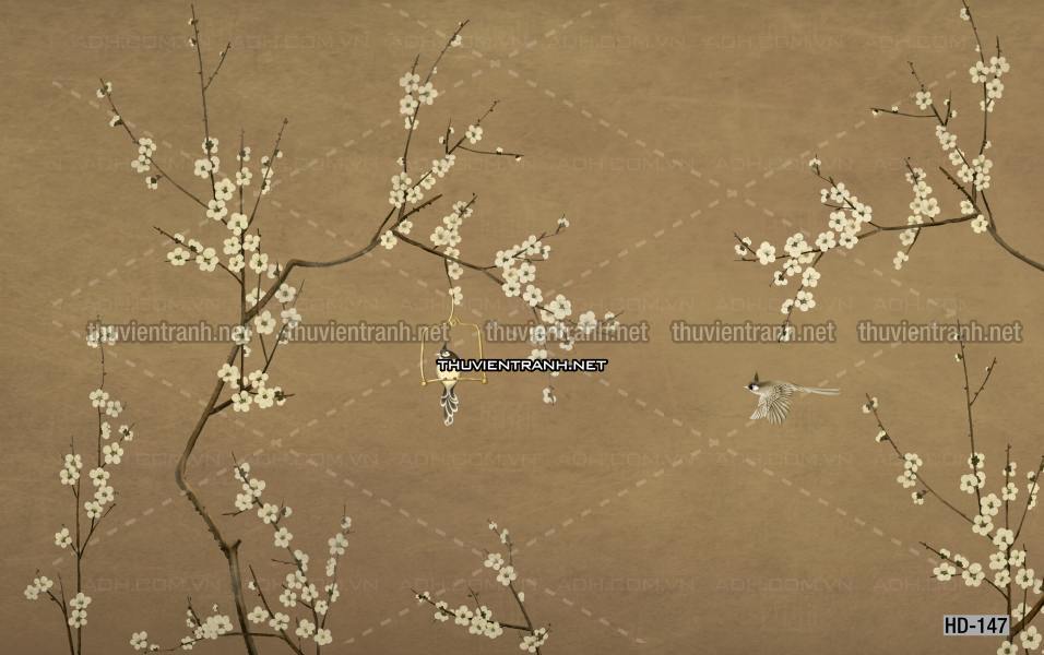 Hoa Đào, Hoa Mộc Lan, phong cách trang trí Chinoiserier, Tranh vẽ hoa Trung Quốc - Tranh tường chất lượng cao