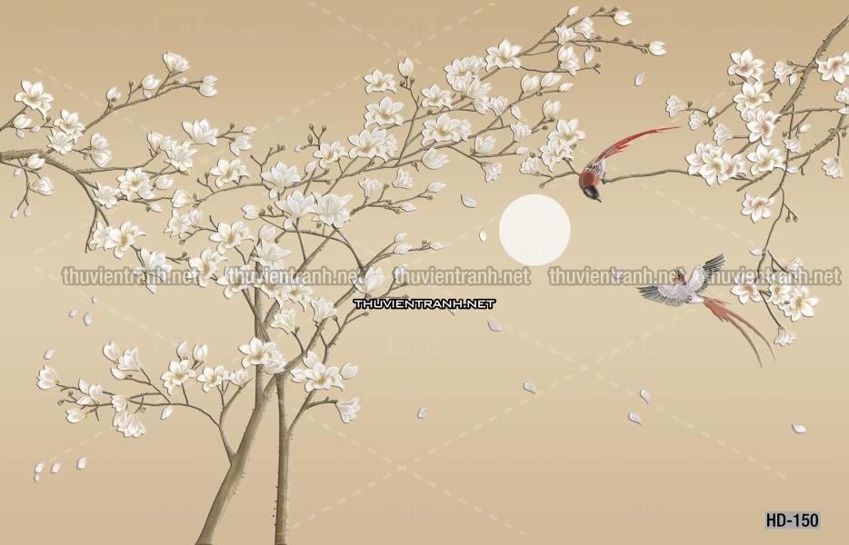 Hoa Đào, Hoa Mộc Lan, phong cách trang trí Chinoiserier, Tranh vẽ hoa Trung Quốc - Tranh tường chất lượng cao