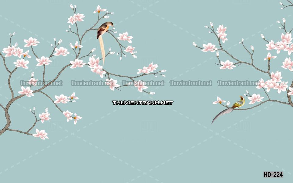 Hoa Đào, Hoa Mộc Lan, phong cách trang trí Chinoiserier, Tranh vẽ hoa Trung Quốc - Tranh tường chất lượng cao