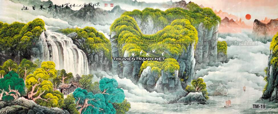 Tranh phong cảnh vẽ tay Trung Quốc, Thủy mặc, Màu nước, Tranh khổ rộng, tranh sơn thủy - Tranh tường chất lượng cao
