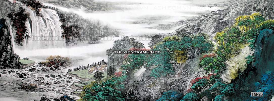 Tranh phong cảnh vẽ tay Trung Quốc, Thủy mặc, Màu nước, Tranh khổ rộng, tranh sơn thủy - Tranh tường chất lượng cao