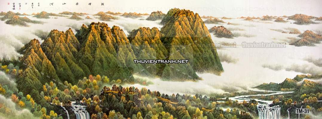 Tranh phong cảnh vẽ tay Trung Quốc, Thủy mặc, Màu nước, Tranh khổ rộng, tranh sơn thủy - Tranh tường chất lượng cao