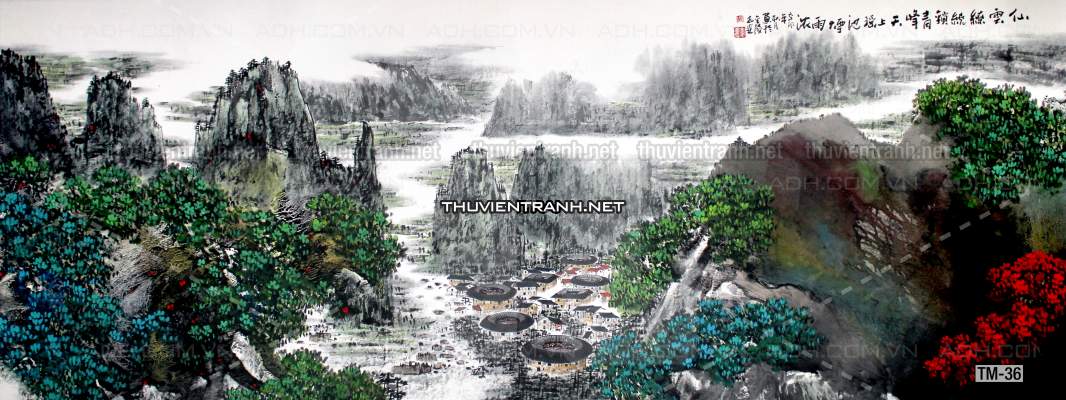 Tranh phong cảnh vẽ tay Trung Quốc, Thủy mặc, Màu nước, Tranh khổ rộng, tranh sơn thủy - Tranh tường chất lượng cao