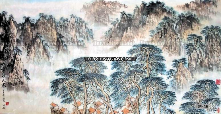 Tranh phong cảnh vẽ tay Trung Quốc, Thủy mặc, Màu nước, Tranh khổ rộng, tranh sơn thủy - Tranh tường chất lượng cao