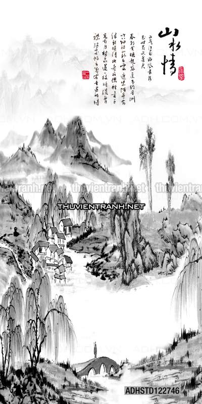Tranh thủy mặc Trung Hoa, tranh màu nước Trung Quốc khổ đứng - Tranh tường chất lượng cao