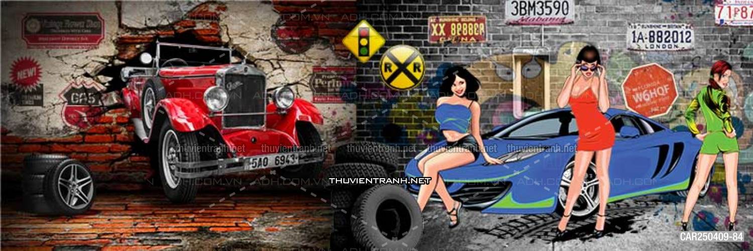 Tranh 3D xe hơi cổ, tranh tường 3D - Tranh tường chất lượng cao