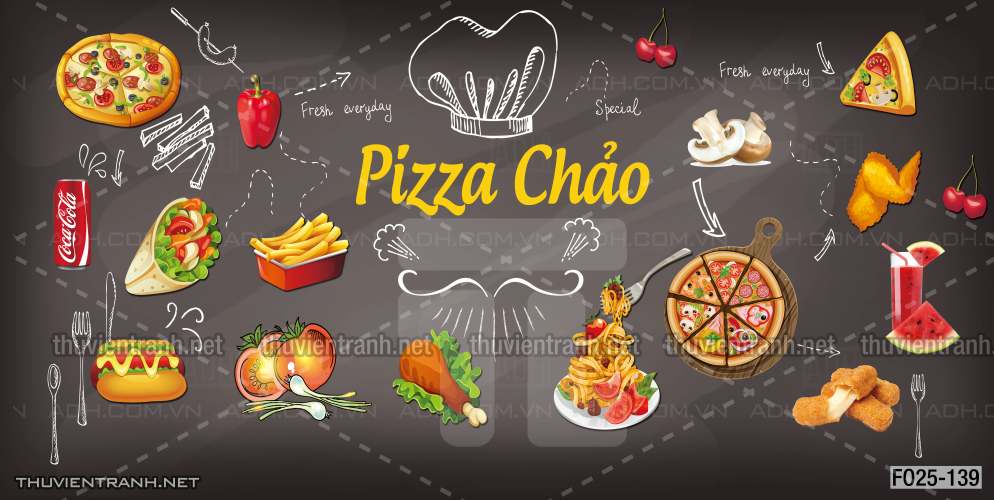 Tranh dán tường quán Ăn vặt, Piza, Gà chiên, trà chanh - Tranh tường chất lượng cao