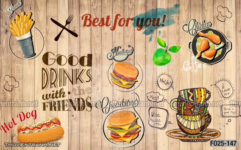 Tranh dán tường quán Ăn vặt, Piza, Gà chiên, trà chanh - Tranh tường chất lượng cao