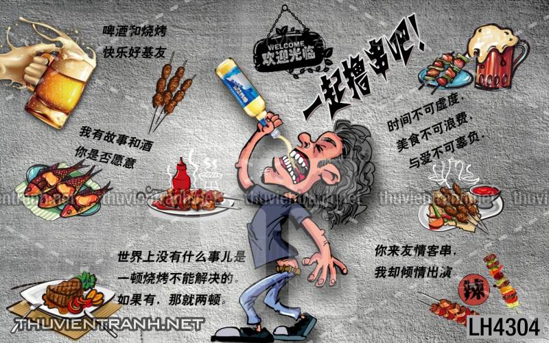 Tranh dán tường quán Lẩu nướng, bia hơi, quán nhậu - Tranh tường chất lượng cao