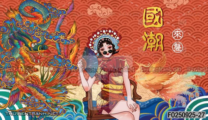  Tranh dán tường quán ăn lẩu nướng cô gái Trung Hoa - Tranh tường chất lượng cao