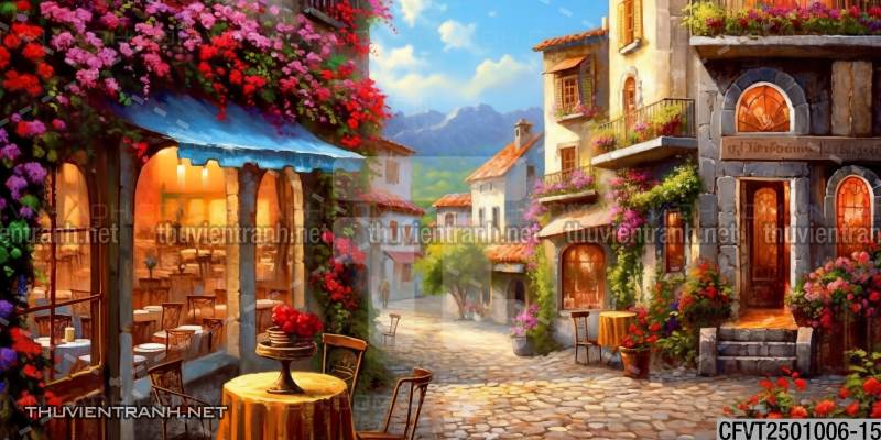 Tranh dán tường ngõ phố Châu ÂU, phố cổ Châu Âu - Tranh tường chất lượng cao