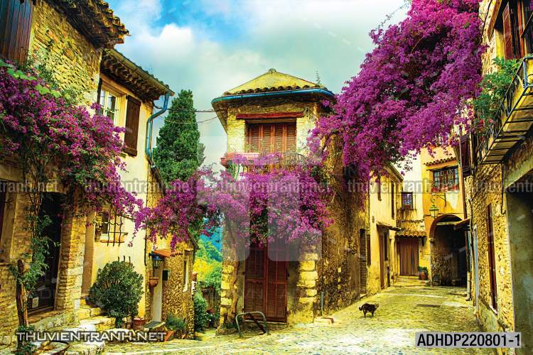 Tranh dán tường phố xưa, quán cà phê Vintage, bức tường hoa lá xinh - Tranh tường chất lượng cao
