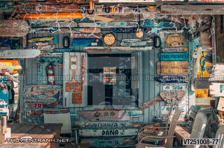  Tranh dán tường phố xưa, quán cà phê Vintage, bức tường hoa lá xinh - Tranh tường chất lượng cao