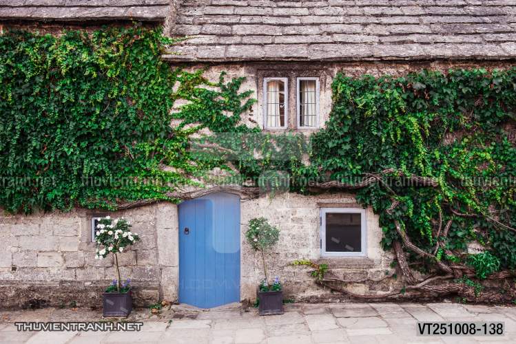 Tranh dán tường phố xưa, quán cà phê Vintage, bức tường hoa lá xinh - Tranh tường chất lượng cao