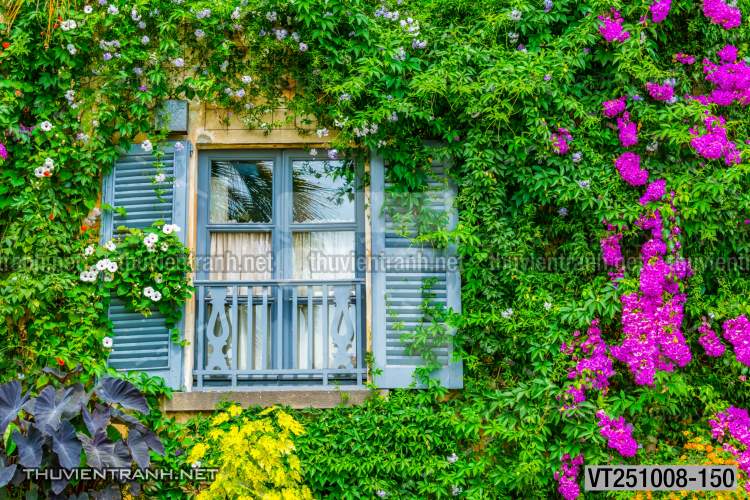 Tranh dán tường phố xưa, quán cà phê Vintage, bức tường hoa lá xinh - Tranh tường chất lượng cao
