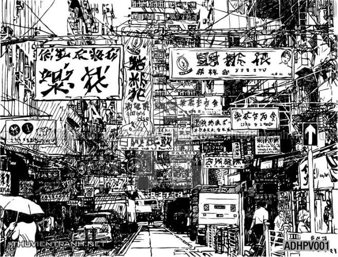 Tranh dán tường ngôi nhà phố xưa, nhà phố vintage - Tranh tường chất lượng cao