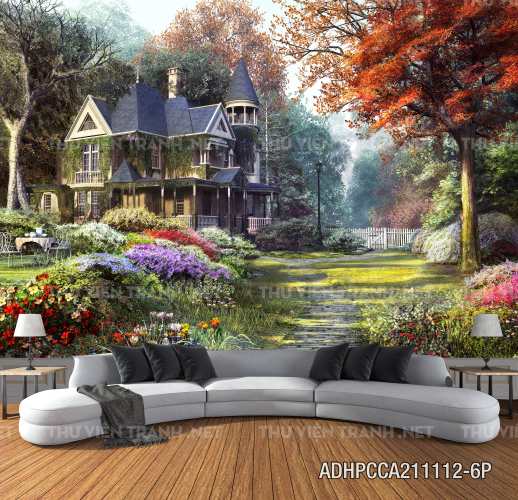  Phong cảnh đồng quê Châu Âu, Ngôi nhà biệt thự Châu ÂU - Tranh tường chất lượng cao