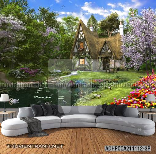  Phong cảnh đồng quê Châu Âu, Ngôi nhà biệt thự Châu ÂU - Tranh tường chất lượng cao