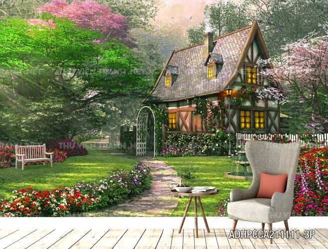 Phong cảnh đồng quê Châu Âu, Ngôi nhà nông thôn cottage - Tranh tường chất lượng cao
