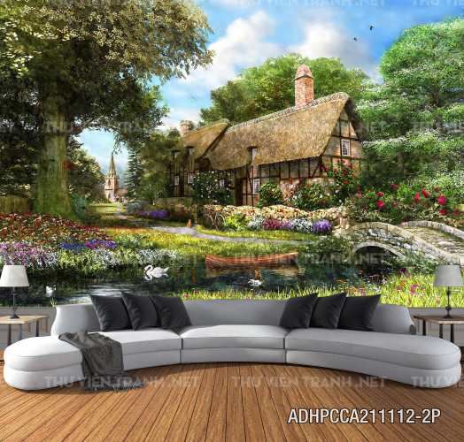 Phong cảnh đồng quê Châu Âu, Ngôi nhà nông thôn cottage - Tranh tường chất lượng cao