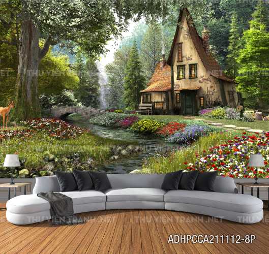 Phong cảnh đồng quê Châu Âu, Ngôi nhà nông thôn cottage - Tranh tường chất lượng cao