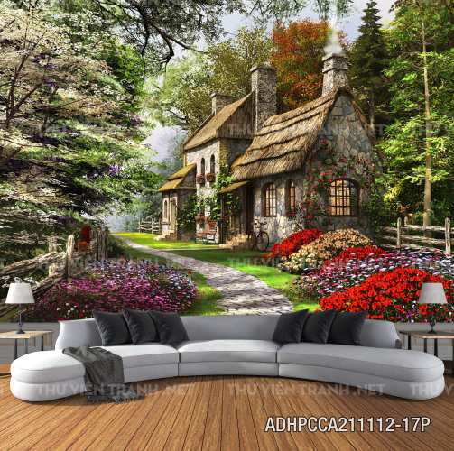 Phong cảnh đồng quê Châu Âu, Ngôi nhà nông thôn cottage - Tranh tường chất lượng cao