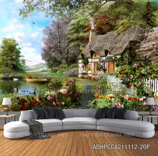 Phong cảnh đồng quê Châu Âu, Ngôi nhà nông thôn cottage - Tranh tường chất lượng cao