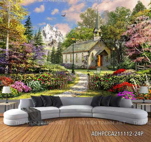 Phong cảnh đồng quê Châu Âu, Ngôi nhà nông thôn cottage - Tranh tường chất lượng cao