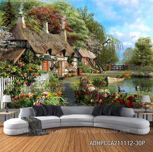 Phong cảnh đồng quê Châu Âu, Ngôi nhà nông thôn cottage - Tranh tường chất lượng cao