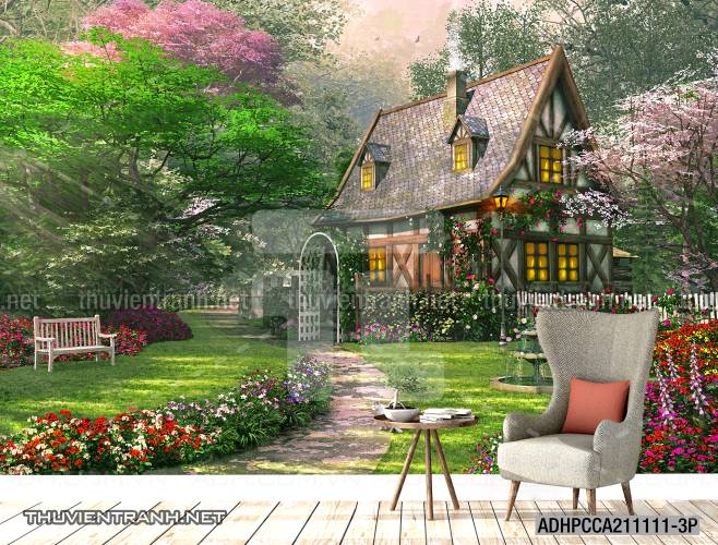 Phong cảnh đồng quê Châu Âu, Ngôi nhà nông thôn cottage - Tranh tường chất lượng cao
